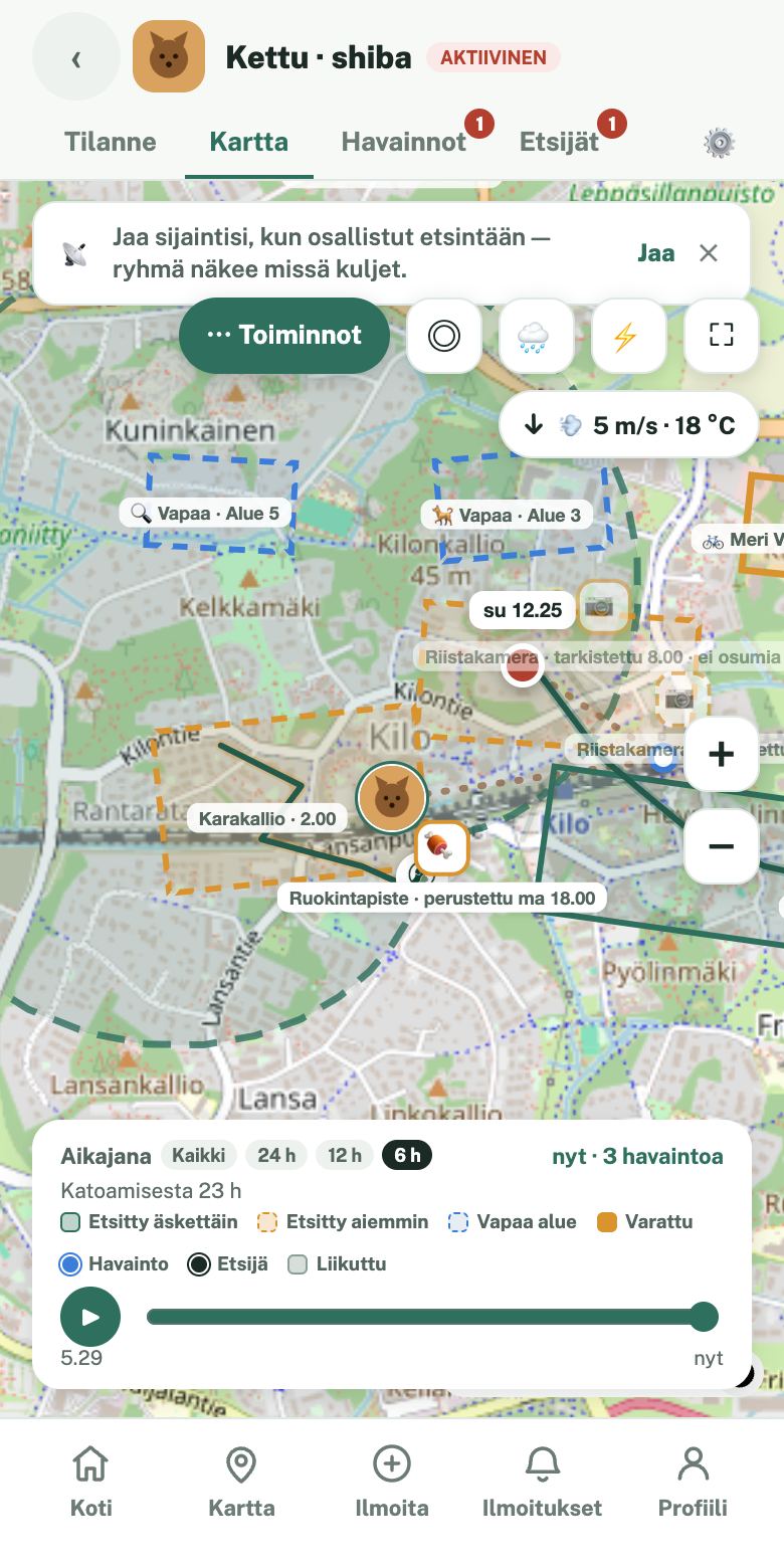 Etsinnän kartta: alueet, jäljet ja resurssit